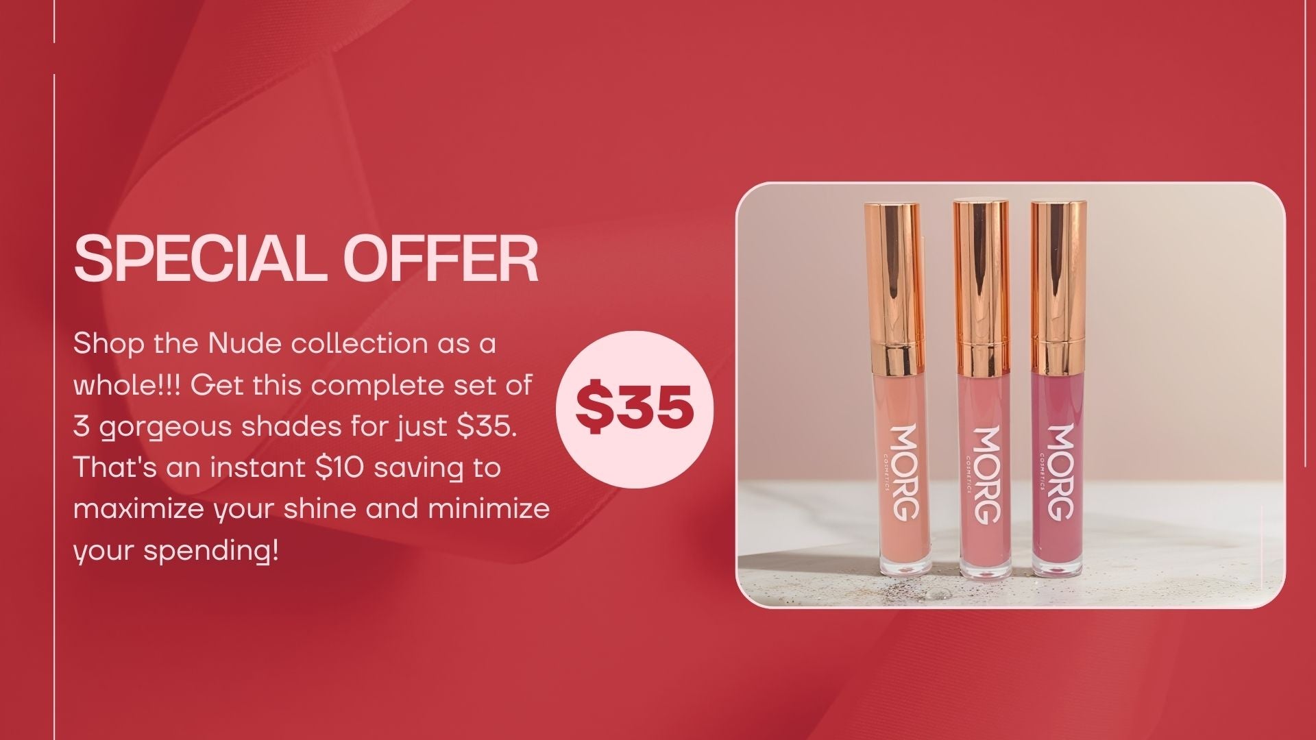 MORG Nude Matte Lip Stain with a special offer on a red background